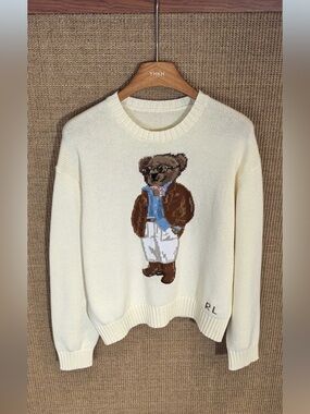 Polo Ralph Lauren Cream Dapper Suit Polo Bear Crewneck Knit Sweater
